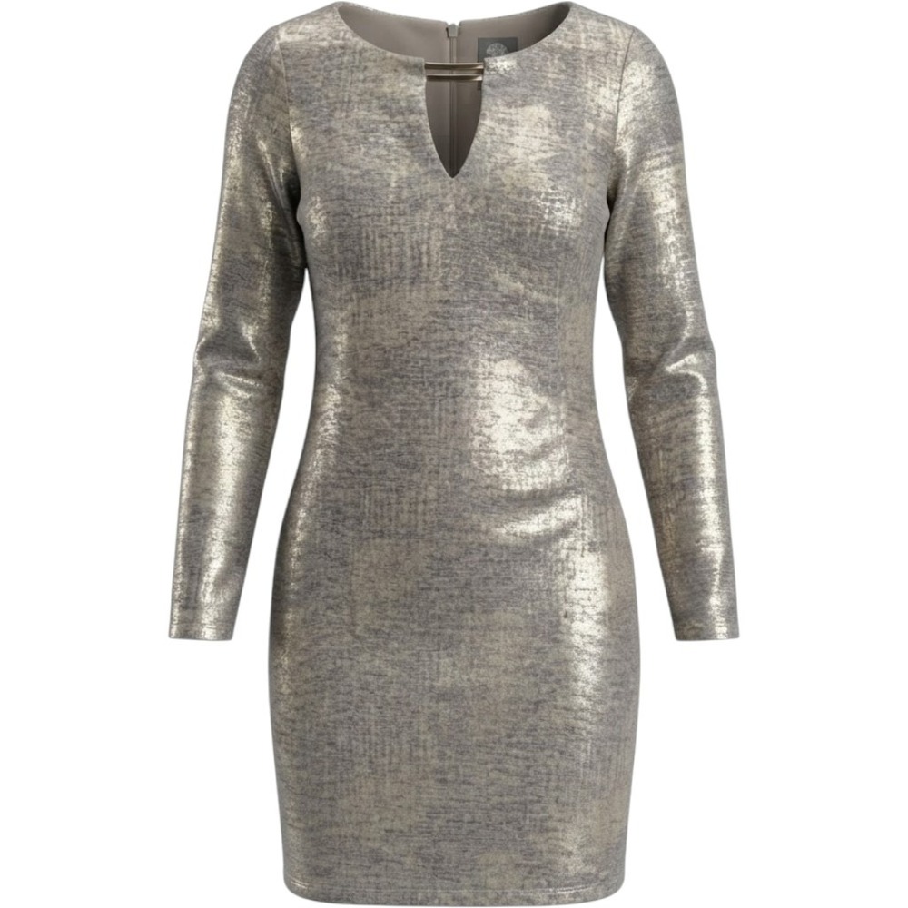 Vince Camuto Size 6 Metallic Textured Sheath Dress Keyhole Neckline Long Sleeve